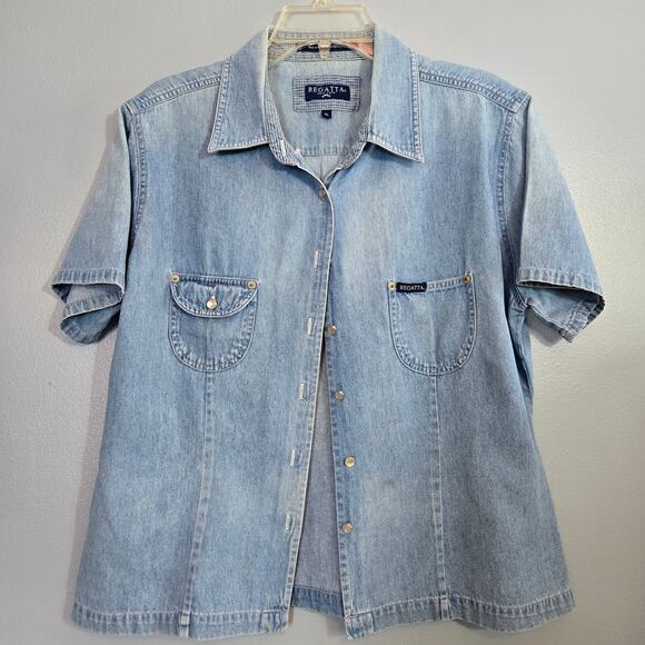Regatta Women's Short Sleeve Full Button Front Light Blue Washed Denim Shirt - Picture 1 of 11